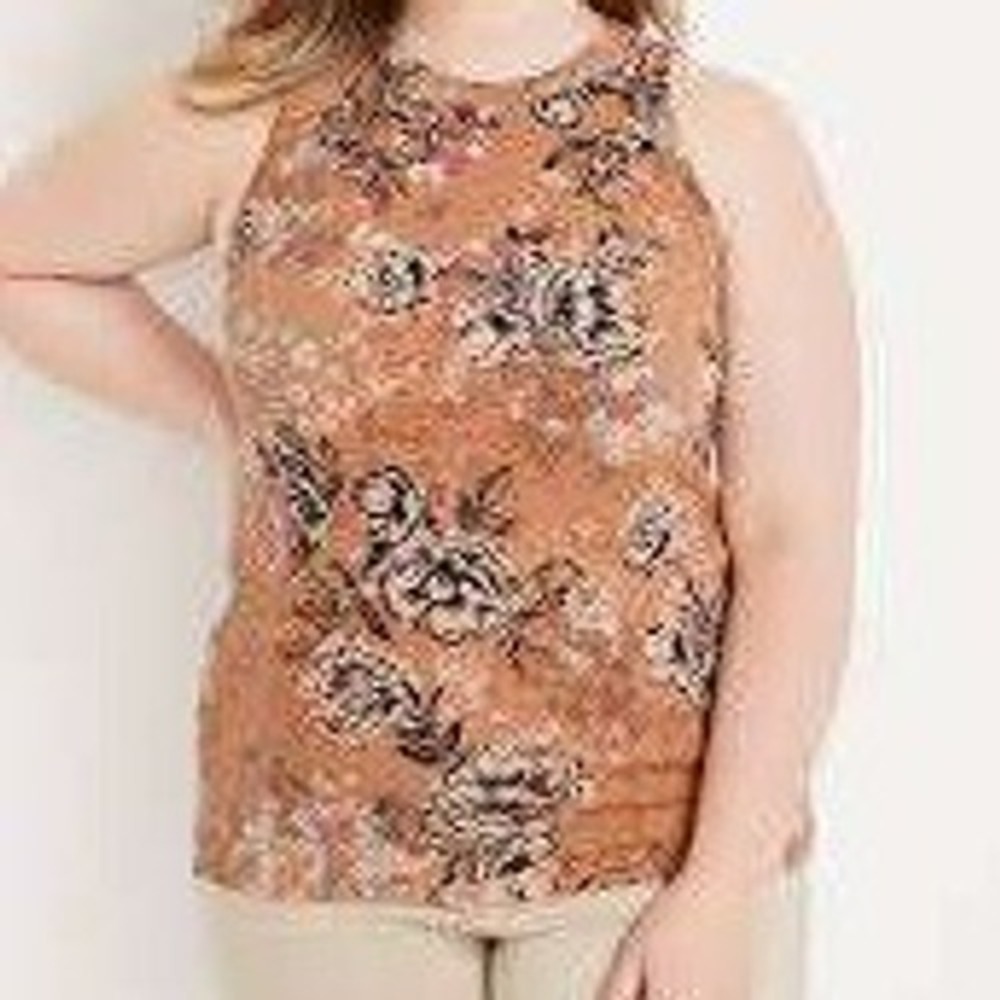 Maurices 24/7 Tan Plus Size 2X Fitted Ribbed Floral High Neck Sleeveless Top